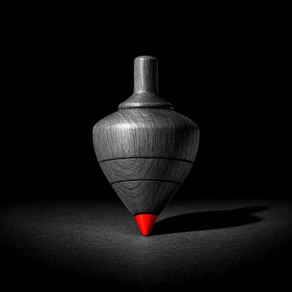 A wooden spinning top upright on black surface with a matte vermillion tip at the bottom, representing rakeback spinning quietly with every wager