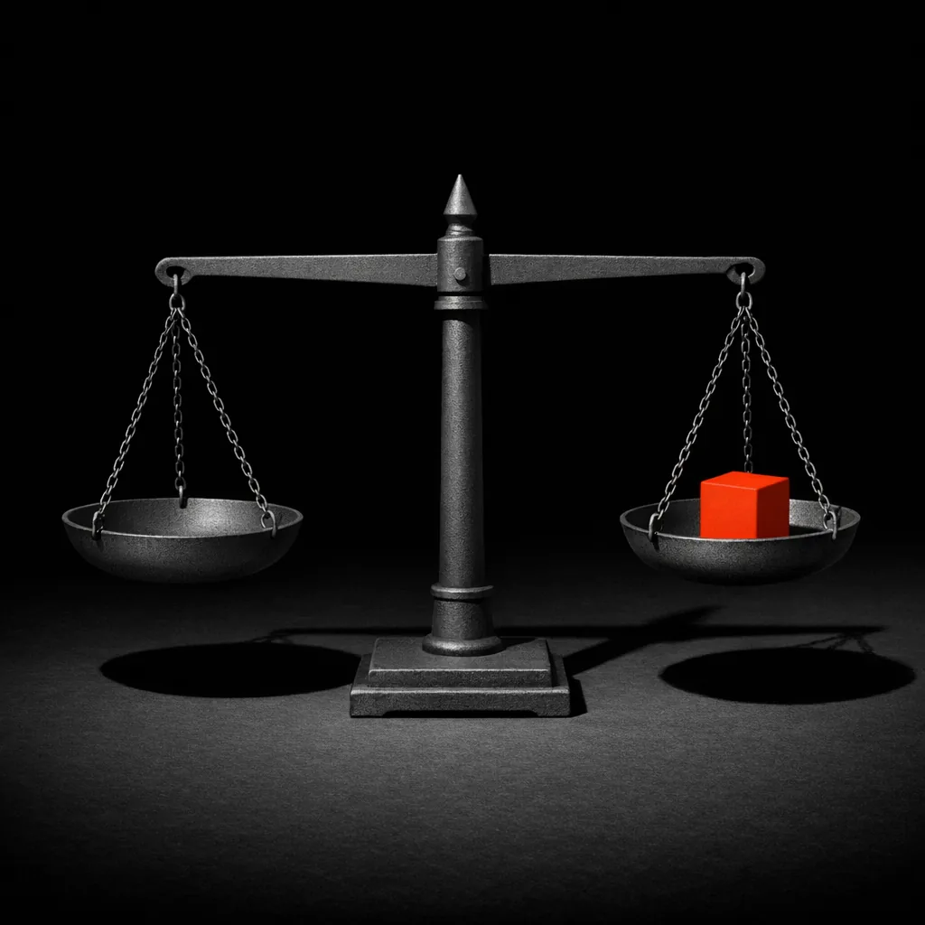 A two-pan balance scale on black surface with a matte vermillion cube resting in the right pan, representing weighing signals against each other