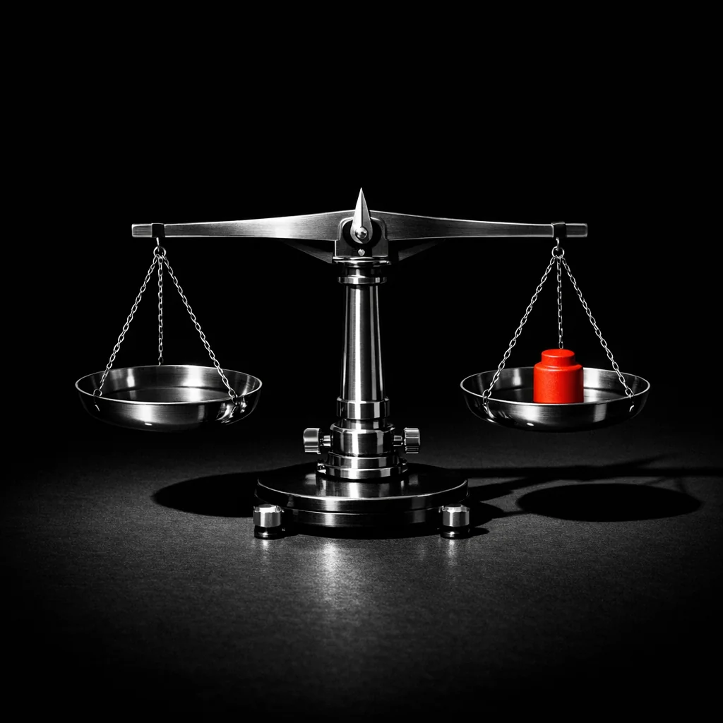 A precision balance scale with a matte vermillion counterweight, illustrating bet limits and stake weighting at non gamstop live casino VIP tables