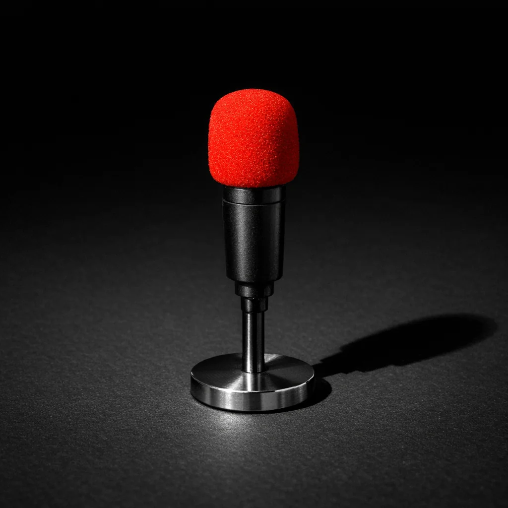 Editorial mark for live casino non gamstop, a professional lavalier microphone with a matte vermillion mesh windscreen on a dark studio surface, evoking live-table broadcast