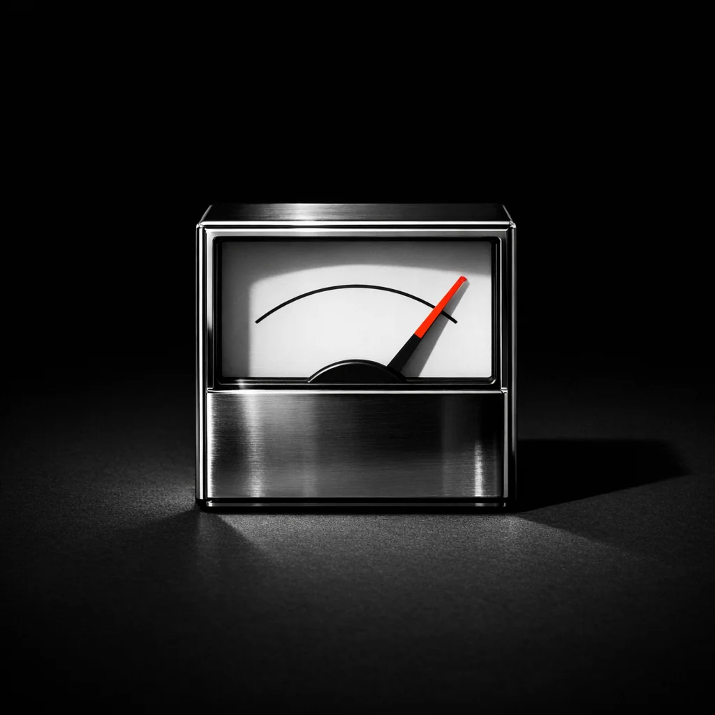 An analog signal-strength meter with a matte vermillion needle at the high end of the arc, illustrating bandwidth and stream latency at non gamstop mobile casinos