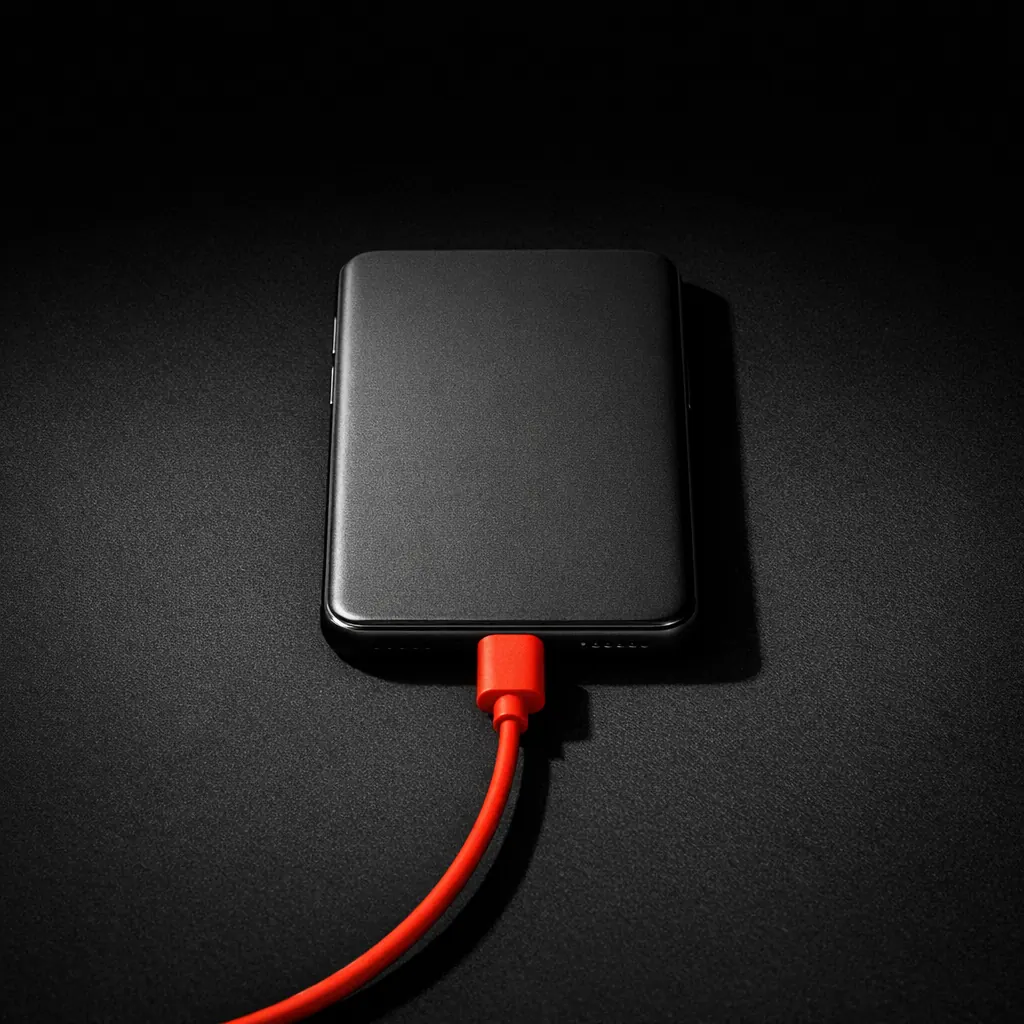 Editorial mark for mobile casino non gamstop, a plain smartphone face-down with a matte vermillion charging cable trailing off frame, evoking browser-based mobile play