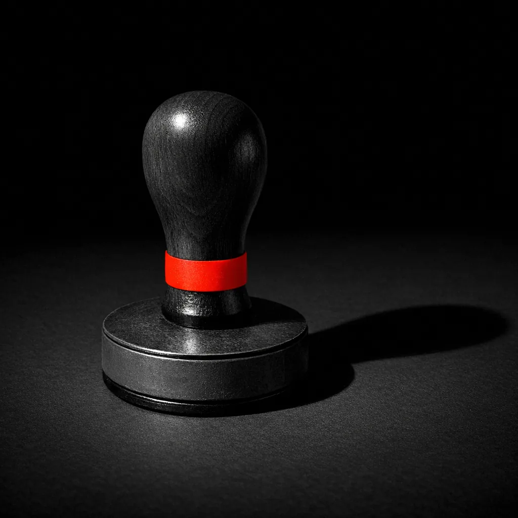 Wooden rubber stamp face up on black surface with a matte vermillion band around the handle