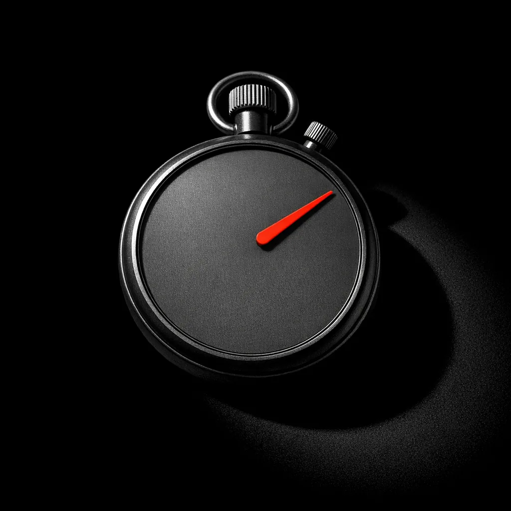 Classical mechanical stopwatch face-up on black surface with a blank dial and single matte vermillion needle, representing the KYC clock across payment rails