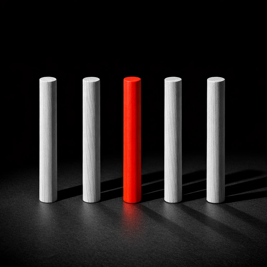 Five identical wooden dowels standing in a row, the middle one painted matte vermillion, illustrating slot volatility variance at non gamstop casinos