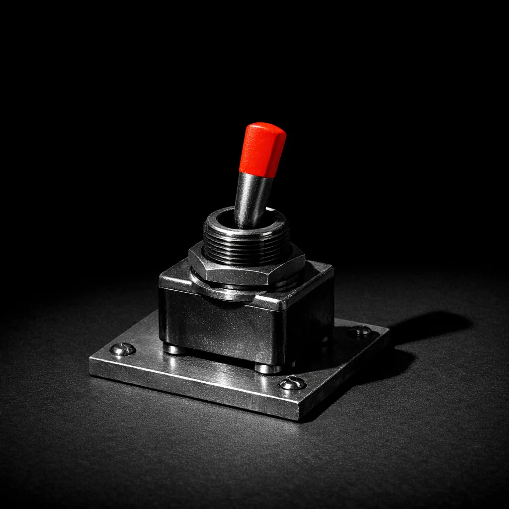 A heavy-duty metal toggle switch with a matte vermillion actuator paddle, illustrating the full-RTP versus compliance-variant split at non gamstop slots